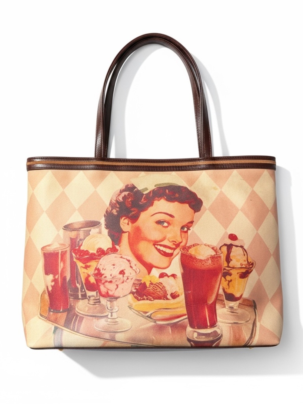 Isabella Fiore Retro Ice Cream Print Tote Bag in Cream and Brown